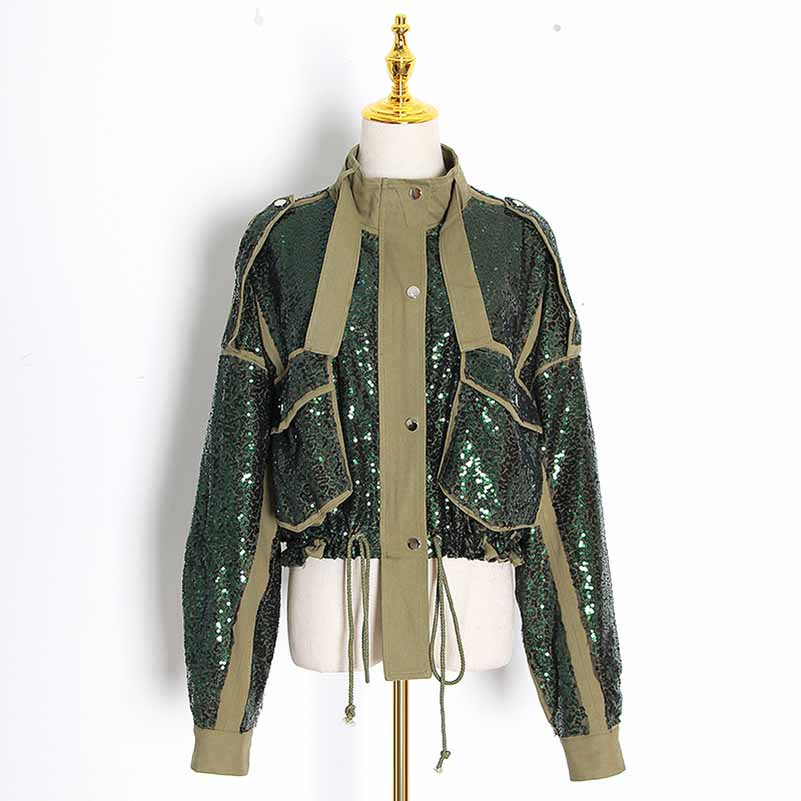 Womens Sequin Jacket Casual Long Sleeve Front Zip Bomber Blazer with Pockets