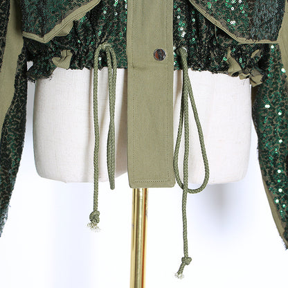 Womens Sequin Jacket Casual Long Sleeve Front Zip Bomber Blazer with Pockets