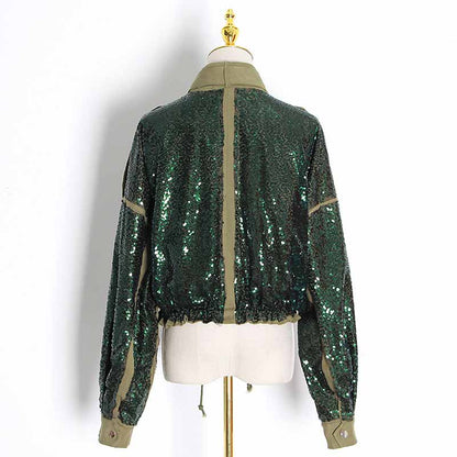 Womens Sequin Jacket Casual Long Sleeve Front Zip Bomber Blazer with Pockets