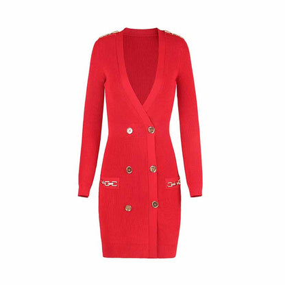 Women Ribbed-knit Red Minidress Short-sleeve Dress V-neck Cockail Dress