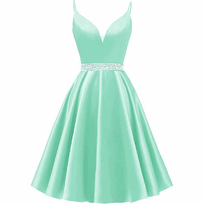 Girls Spaghetti Short Satin Prom Dress V-Neck Beaded Homecoming Evening Party Gowns