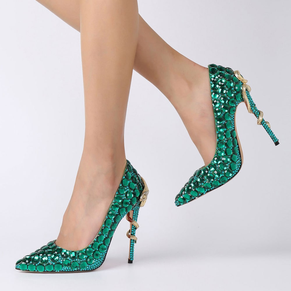 Tucomosi Green Diamond Pointed Toe High Heels Wedding Shoes