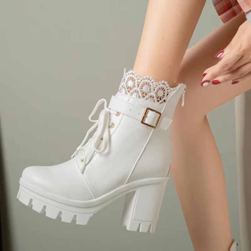 Lace Platform Boots for Women Chunky Lace Up Ankle Boots