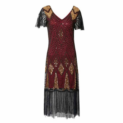 Women's 1920s Dress Sequin Art Deco Flapper Dress with Sleeve