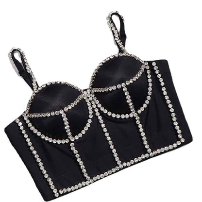 Womens Crop Tops Rhinestone Strap Push Up Corset Bra Dance Tank