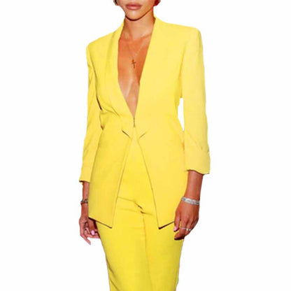 Women's 2 Piece Suit Deep V Neck Blazer and Wide Leg Pants Suit