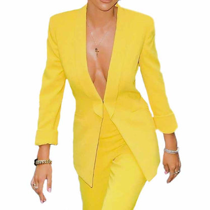 Women's 2 Piece Suit Deep V Neck Blazer and Wide Leg Pants Suit