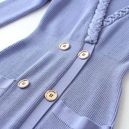 Women Lavender Button-up Knitted Minidress V Neck Mini ribbed-knit Dress