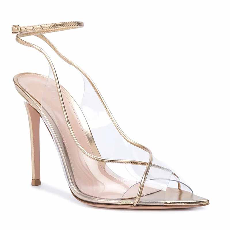 Clear Heels Sandals Gold Ankle Strap Sexy High Heeled Stiletto Dress Shoes