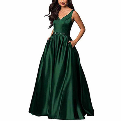 Women's Satin Bridesmaid Dress With Pocket Long Formal Evening Party Maxi Dress