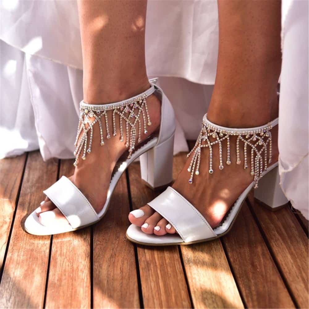 White high-heeled thick heels tassel wedding party shoes