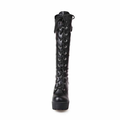 Women Fashion Platform Block Heels Knee High Boots
