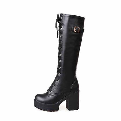 Women Fashion Platform Block Heels Knee High Boots