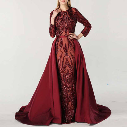 Women Satin Mermaid Prom Evening Party Dress Gown Detachable Train