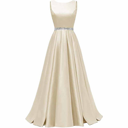 Women Long Prom Dress Satin A-Line with Beaded Belt Formal Evening Gown