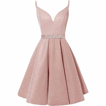 Girls Spaghetti Short Satin Prom Dress V-Neck Beaded Homecoming Evening Party Gowns