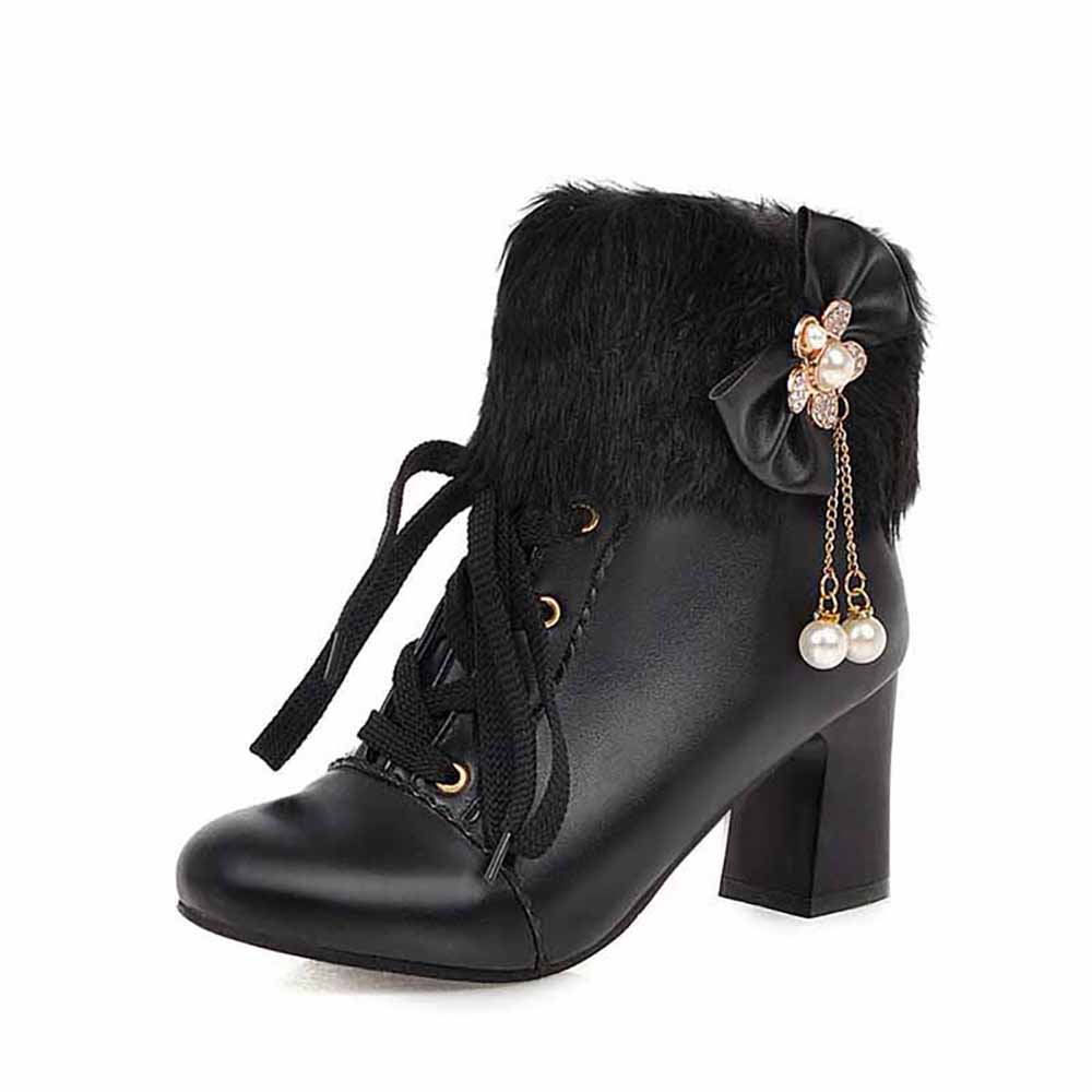 Womens Lace Up Platform Fur Lined Ankle Hiking Boots With Bowknot