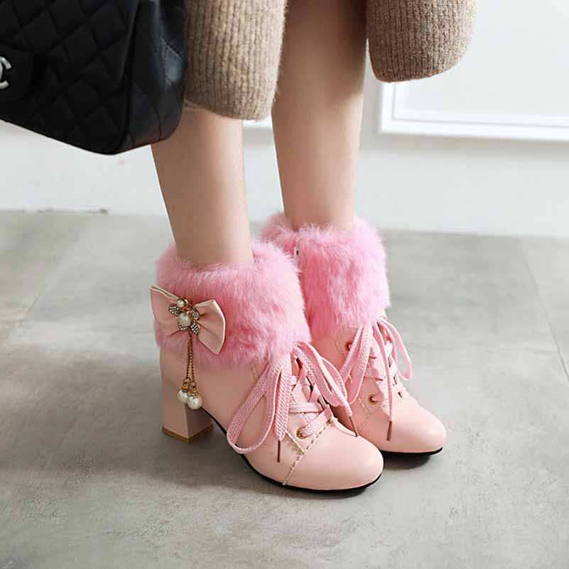 Womens Lace Up Platform Fur Lined Ankle Hiking Boots With Bowknot