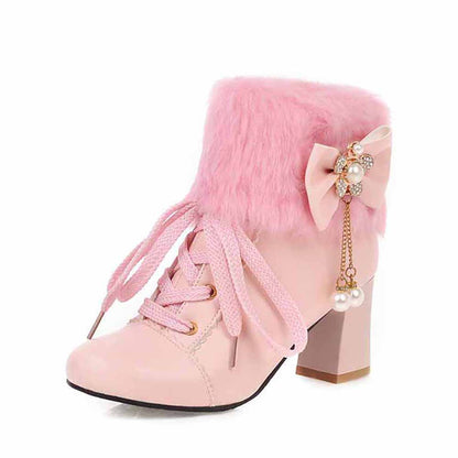 Womens Lace Up Platform Fur Lined Ankle Hiking Boots With Bowknot