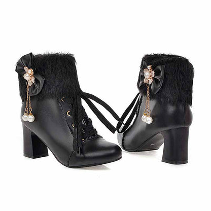 Womens Lace Up Platform Fur Lined Ankle Hiking Boots With Bowknot