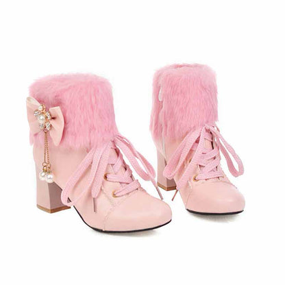 Womens Lace Up Platform Fur Lined Ankle Hiking Boots With Bowknot
