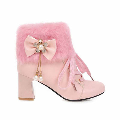 Womens Lace Up Platform Fur Lined Ankle Hiking Boots With Bowknot