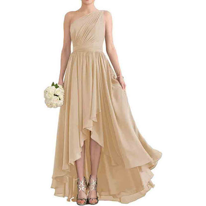 Women's One Shoulder Bridesmaid Dresses High Low Chiffon Evening Formal Gown with Pockets