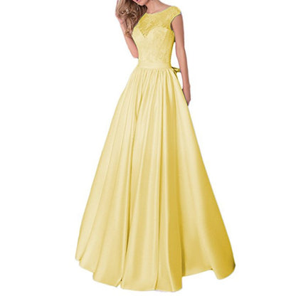Lace A Line Bridesmaid Dress Cap Sleeve Satin Wedding Guest Dress Prom Gowns