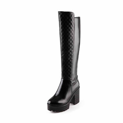 Chunky High Heeled PU Leather Boots Platform Knee High Boots