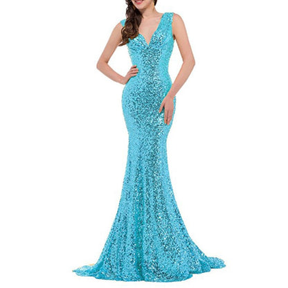 Women Sequin Evening Dress Mermaid Maxi Dress Strapless Slim Prom Gowns