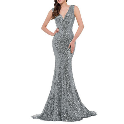 Women Sequin Evening Dress Mermaid Maxi Dress Strapless Slim Prom Gowns