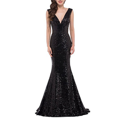 Women Sequin Evening Dress Mermaid Maxi Dress Strapless Slim Prom Gowns