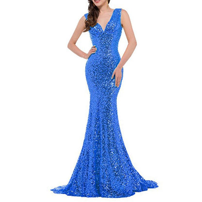 Women Sequin Evening Dress Mermaid Maxi Dress Strapless Slim Prom Gowns