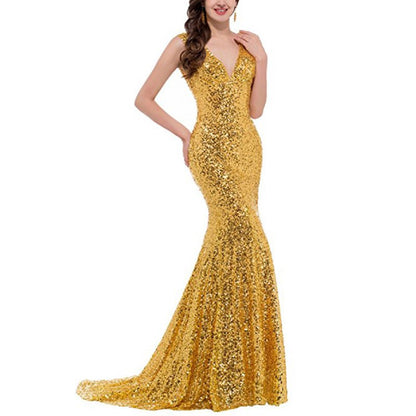 Women Sequin Evening Dress Mermaid Maxi Dress Strapless Slim Prom Gowns
