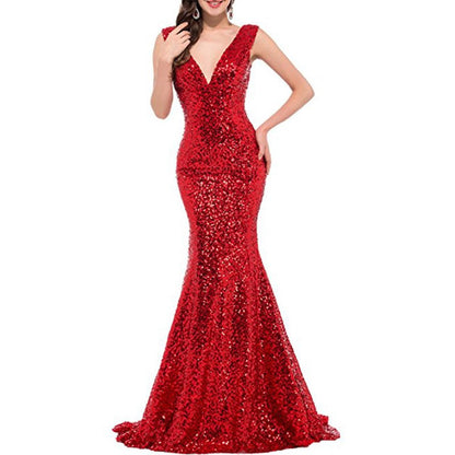 Women Sequin Evening Dress Mermaid Maxi Dress Strapless Slim Prom Gowns