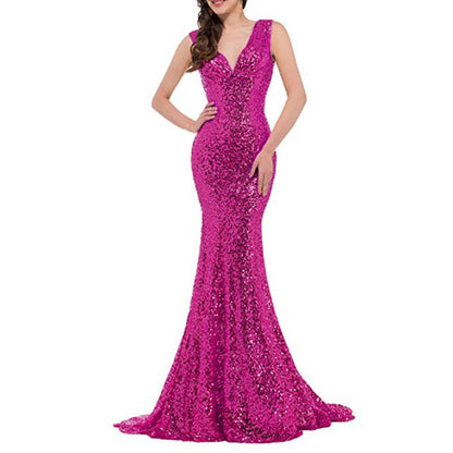 Women Sequin Evening Dress Mermaid Maxi Dress Strapless Slim Prom Gowns