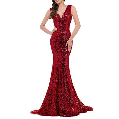 Women Sequin Evening Dress Mermaid Maxi Dress Strapless Slim Prom Gowns