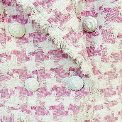 Women's Purple & White Tweed Houndstooth Luxury Fitted Double Breasted Blazer with Lion Buttons