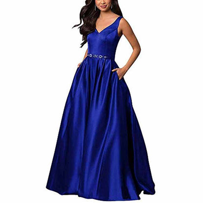 Women's Satin Bridesmaid Dress With Pocket Long Formal Evening Party Maxi Dress