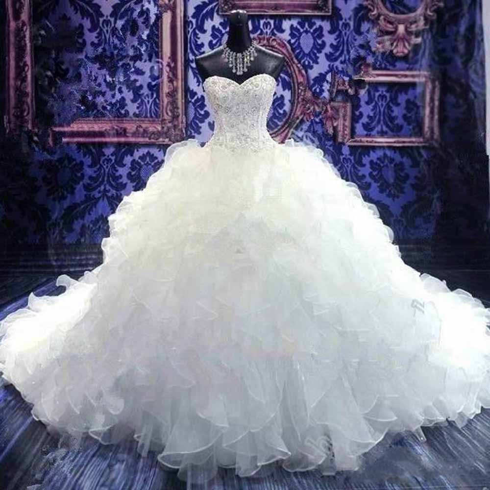 Ball Gown Sleeveless Sweetheart Chapel Train Beading Sequin Organza Wedding Dresses