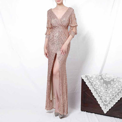 Women Sequin Evening Dress Long Sleeve Side Split Evening Gowns S-4XL