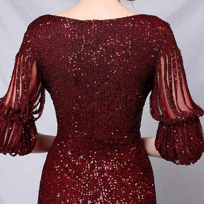 Women Sequin Evening Dress Long Sleeve Side Split Evening Gowns S-4XL