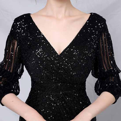 Women Sequin Evening Dress Long Sleeve Side Split Evening Gowns S-4XL