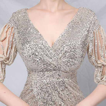 Women Sequin Evening Dress Long Sleeve Side Split Evening Gowns S-4XL