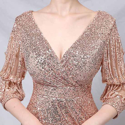 Women Sequin Evening Dress Long Sleeve Side Split Evening Gowns S-4XL