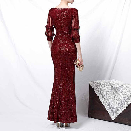 Women Sequin Evening Dress Long Sleeve Side Split Evening Gowns S-4XL