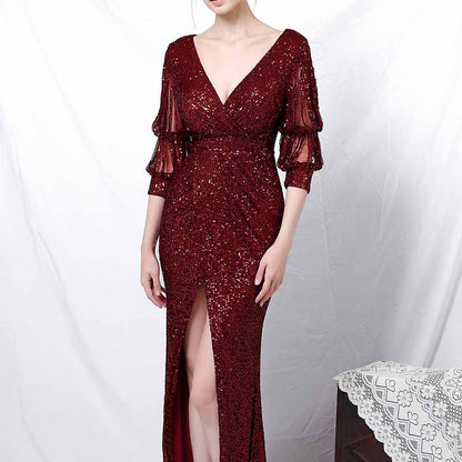 Women Sequin Evening Dress Long Sleeve Side Split Evening Gowns S-4XL