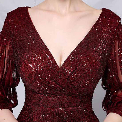 Women Sequin Evening Dress Long Sleeve Side Split Evening Gowns S-4XL