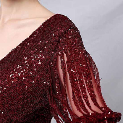 Women Sequin Evening Dress Long Sleeve Side Split Evening Gowns S-4XL