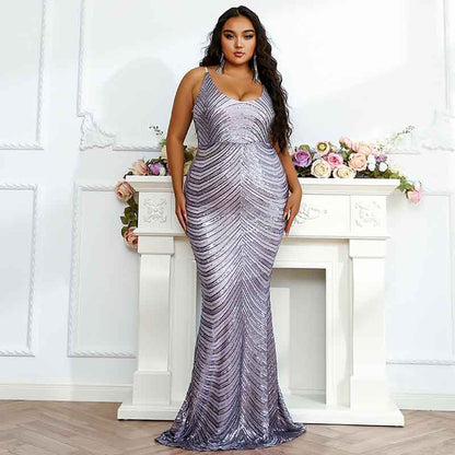 Wedding Plus Size Grey Sequin Dress V-Neck Sleeveless Dress Mermaid Maxi Dress